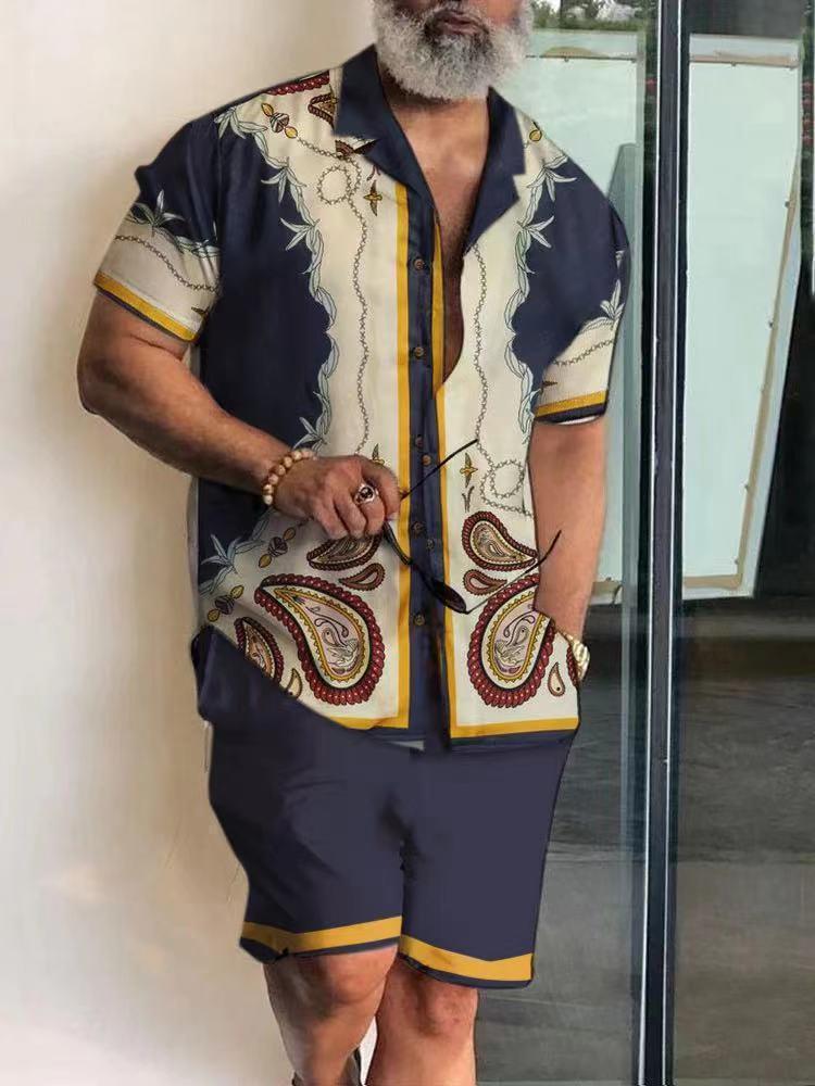 Men's New Polo Collar 3D Printed Casual Slim Fit Shirt Shorts Suit