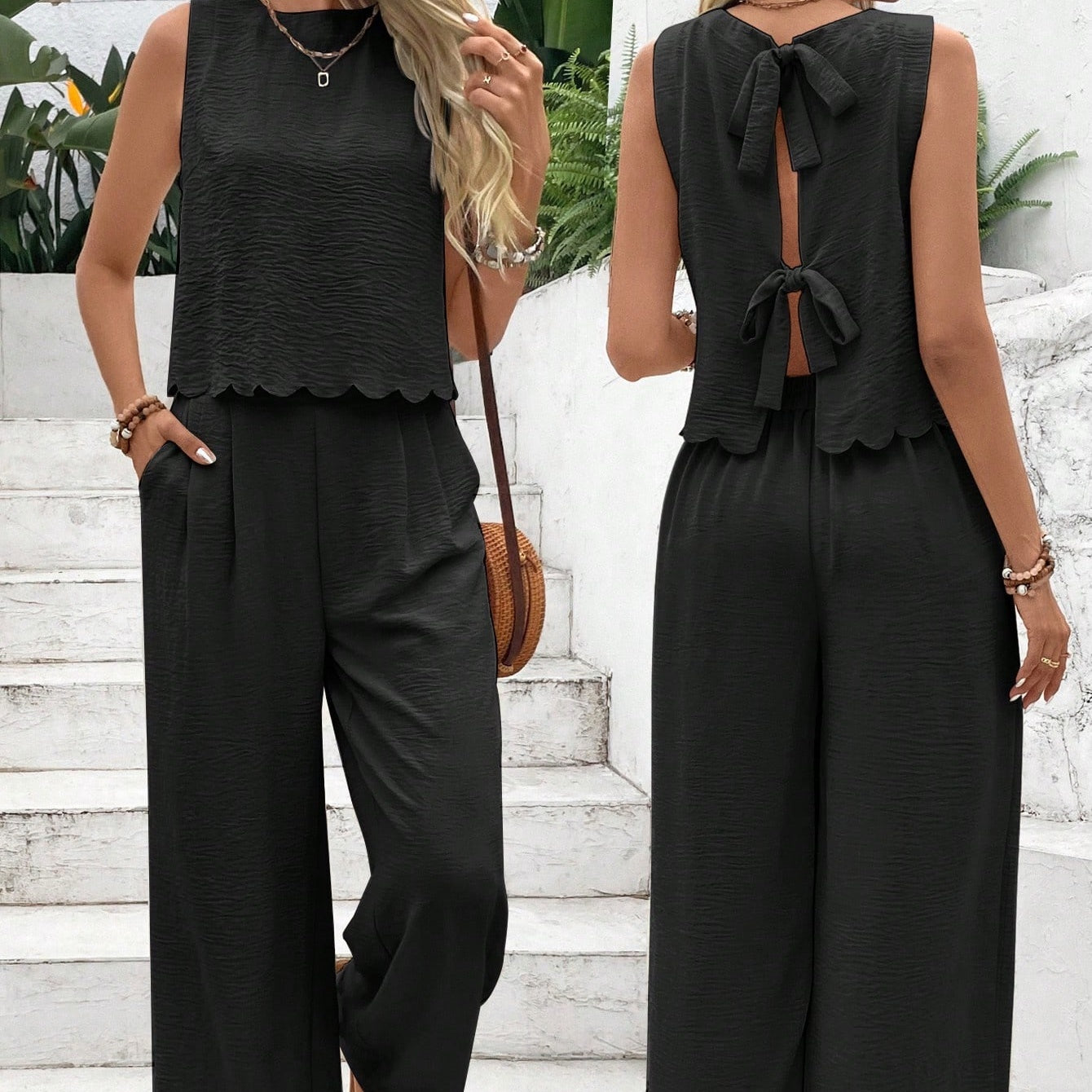 Women's Summer Muscle Simple Everyday Old Money Style Linen Tie Two Piece Set