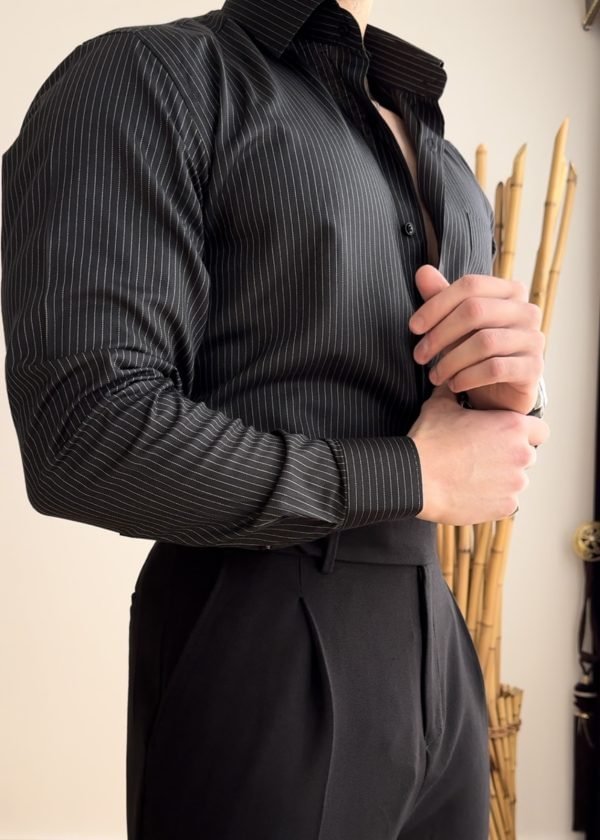 Men's Striped Long Sleeve Shirt-Black