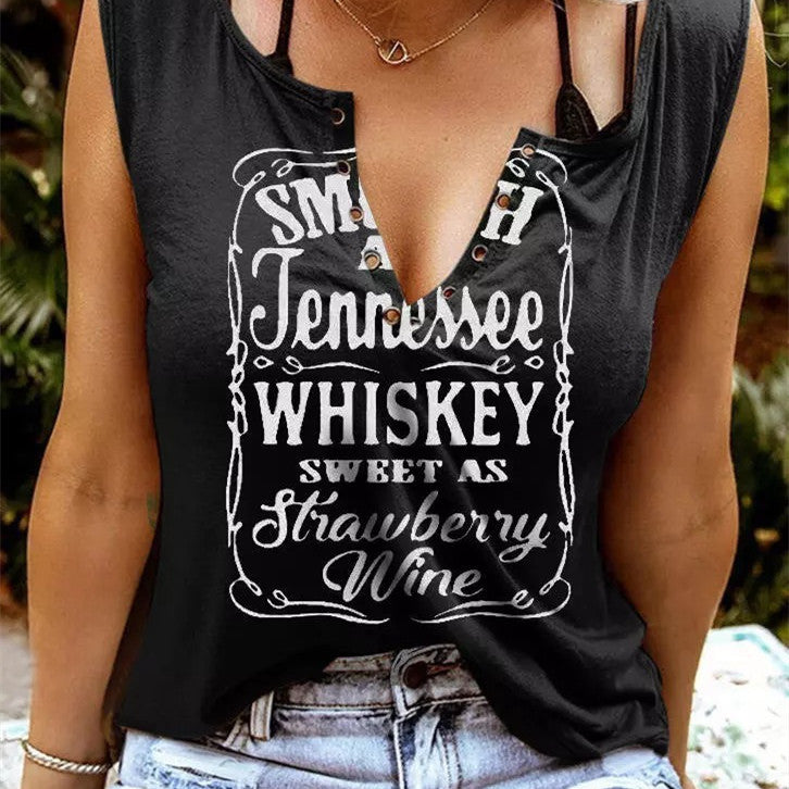 Letter Print V-Neck Sleeveless T-Shirt