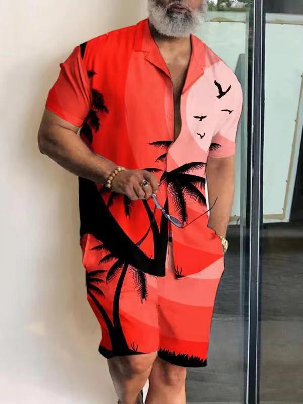 Men's New Polo Collar 3D Printed Casual Slim Fit Shirt Shorts Suit