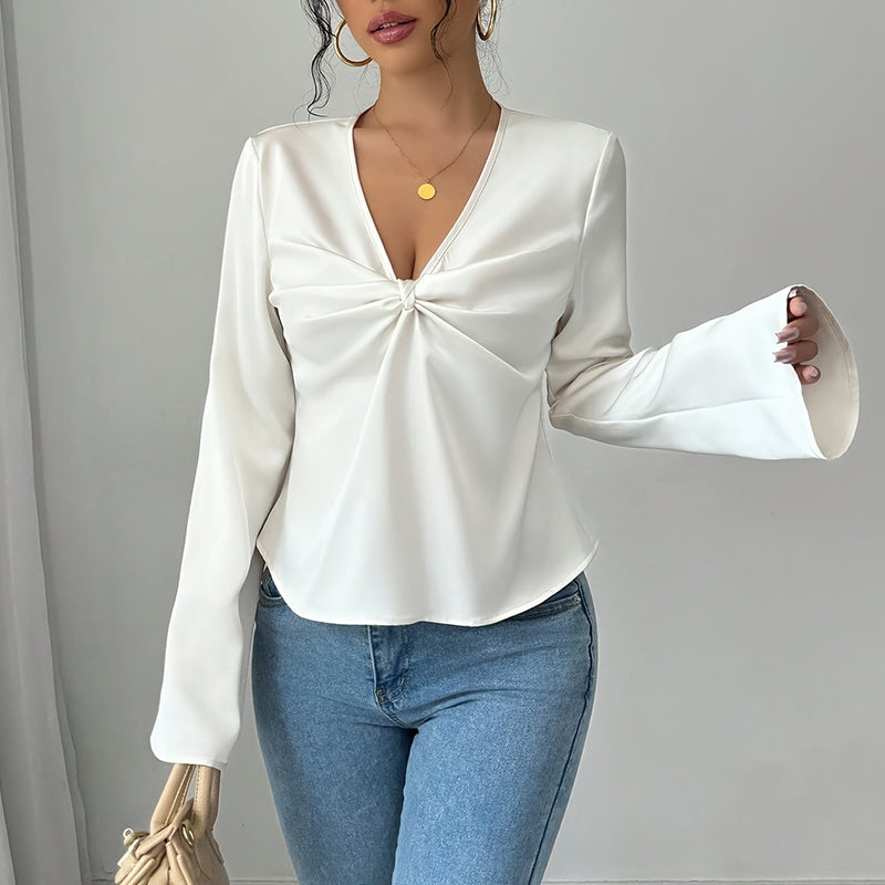 Women's Elegant Solid Color V-neck Ruffled Front Flared Sleeve Shirt