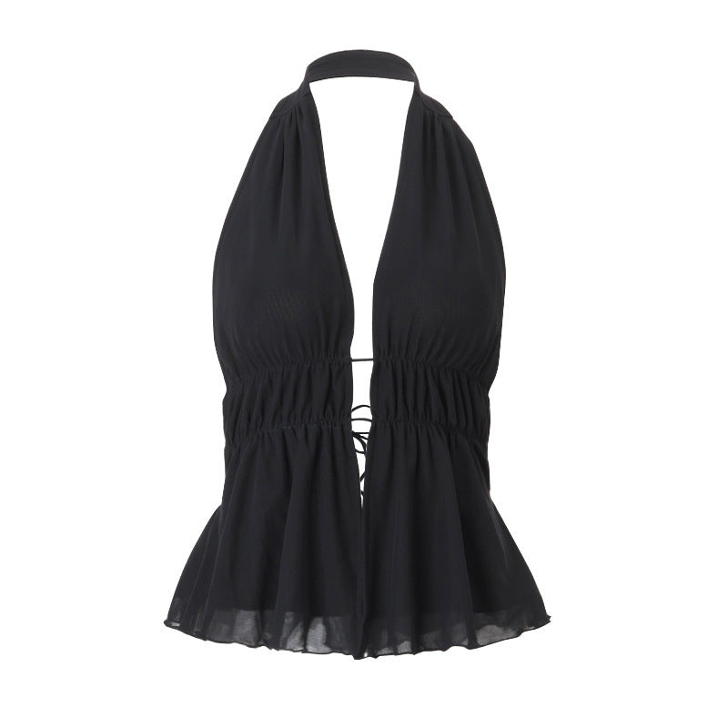 New Fashion Solid Color Lace-up Hollow Slim Halter Top