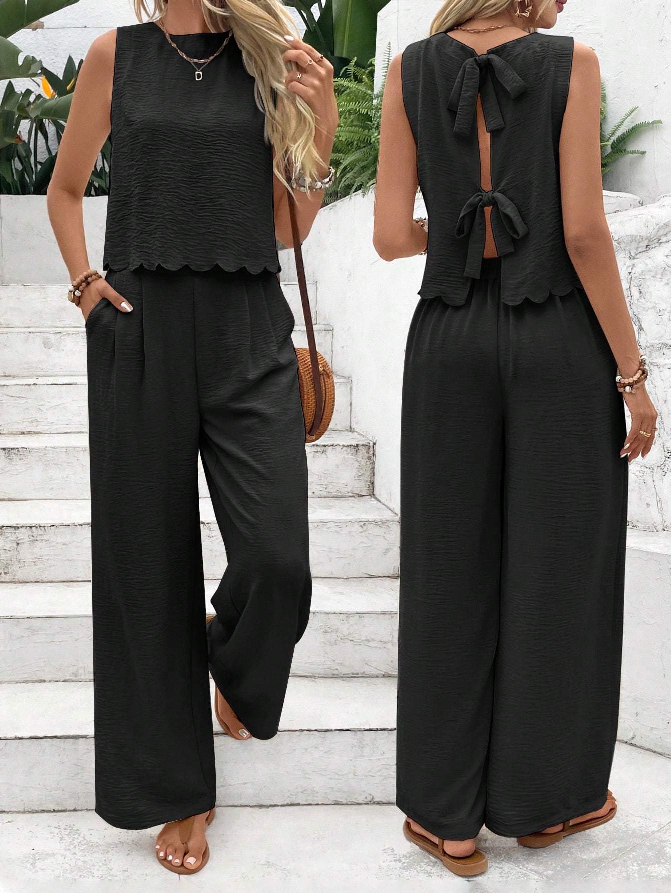 Women's Summer Muscle Simple Everyday Old Money Style Linen Tie Two Piece Set