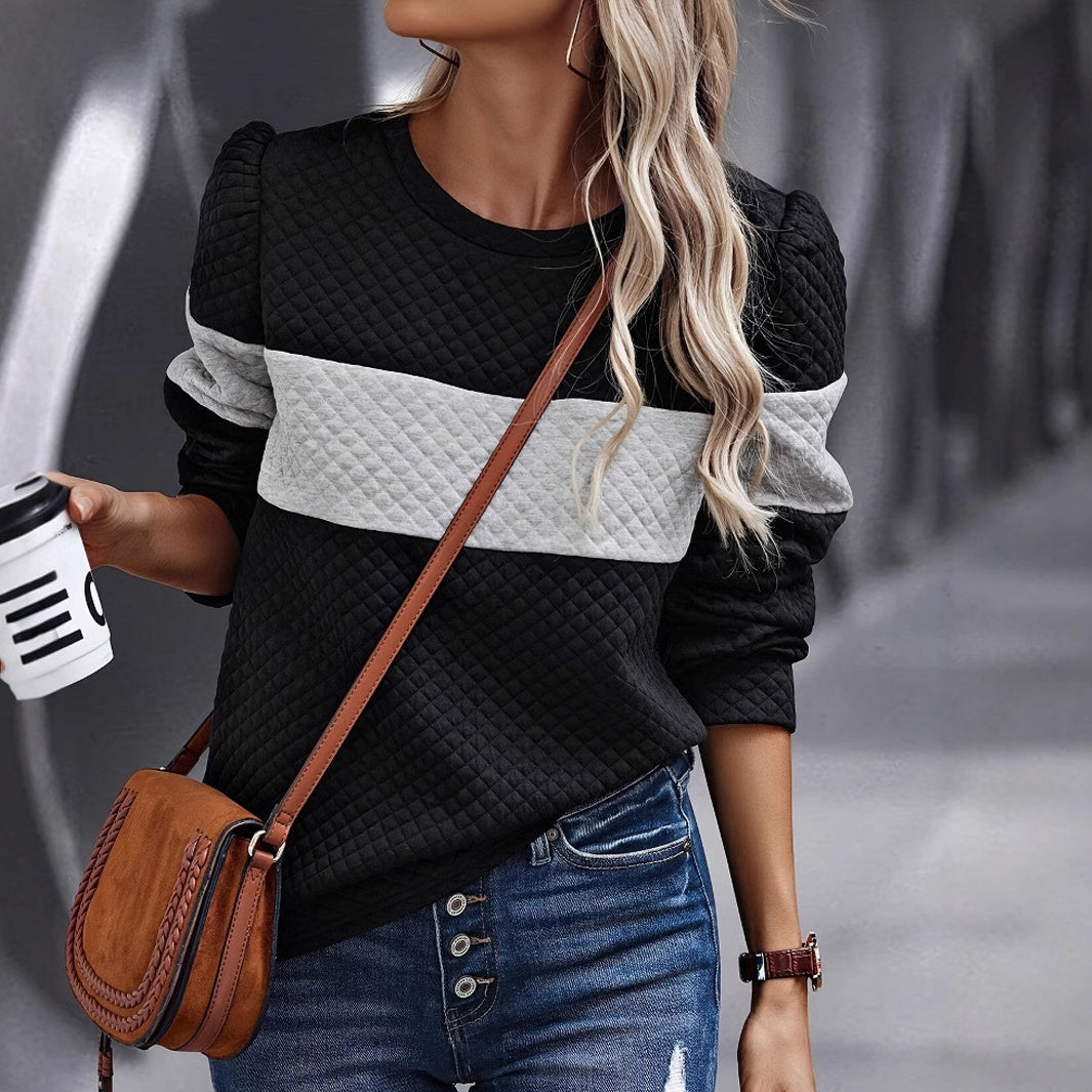 Women's Spring And Autumn Leisure Loose Color Contrast Round Neck Long Sleeve Texture Hoodie