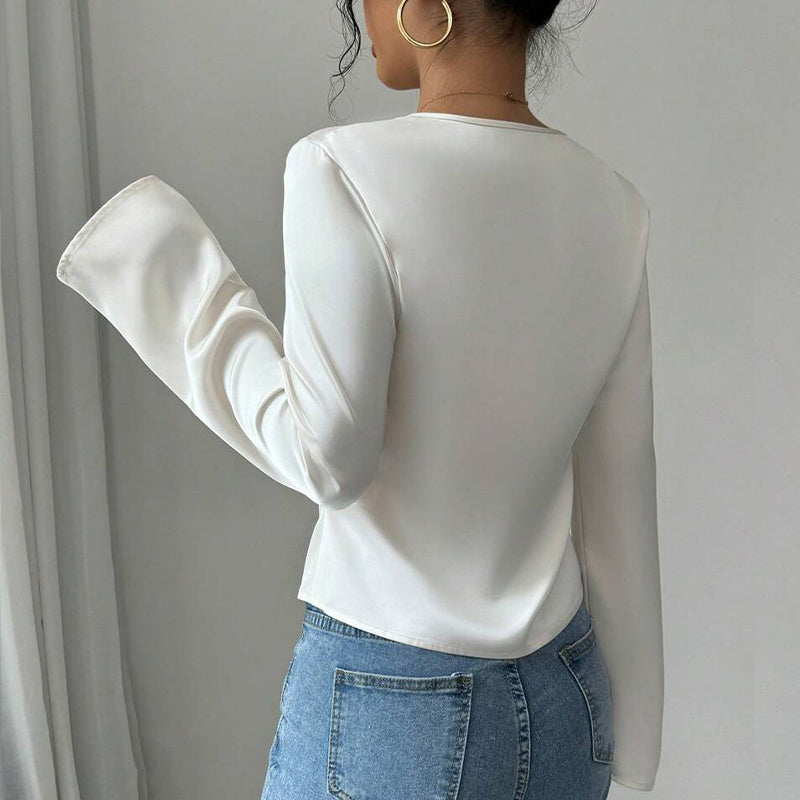 Women's Elegant Solid Color V-neck Ruffled Front Flared Sleeve Shirt