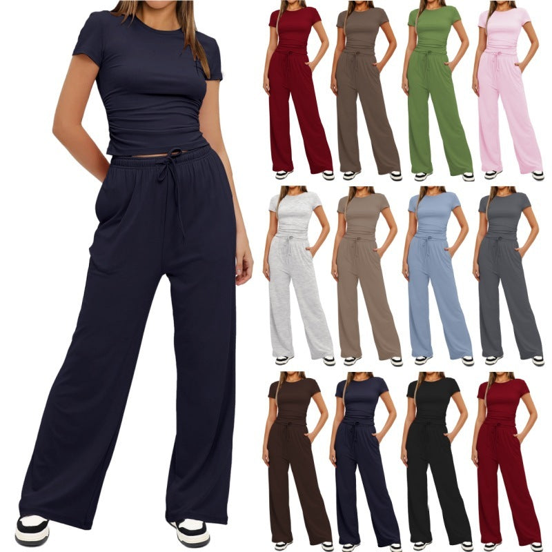 Fashion Casual Set Pleated Short Sleeves Top And Trousers