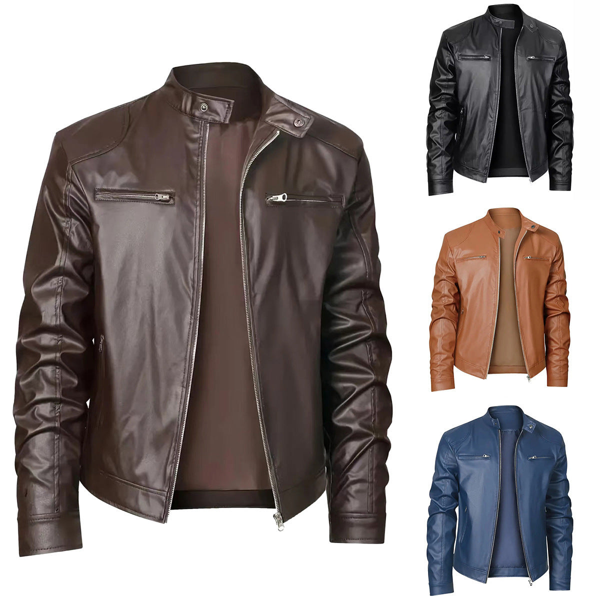 Men's Stand-up Collar Slim Fit Leather Jacket Zipper Pocket Decoration