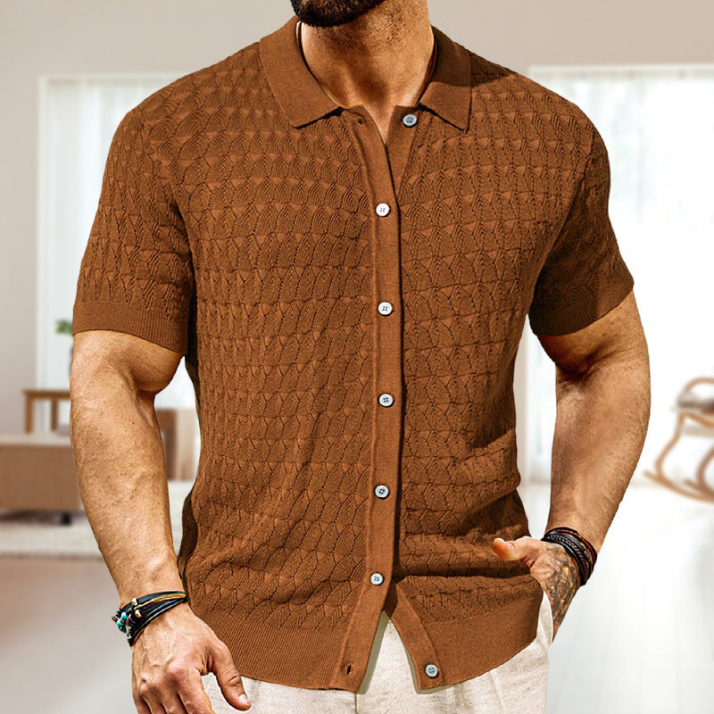 Men's Fashion Pointelle Design Spring And Summer Knitwear Short Sleeve Cardigan