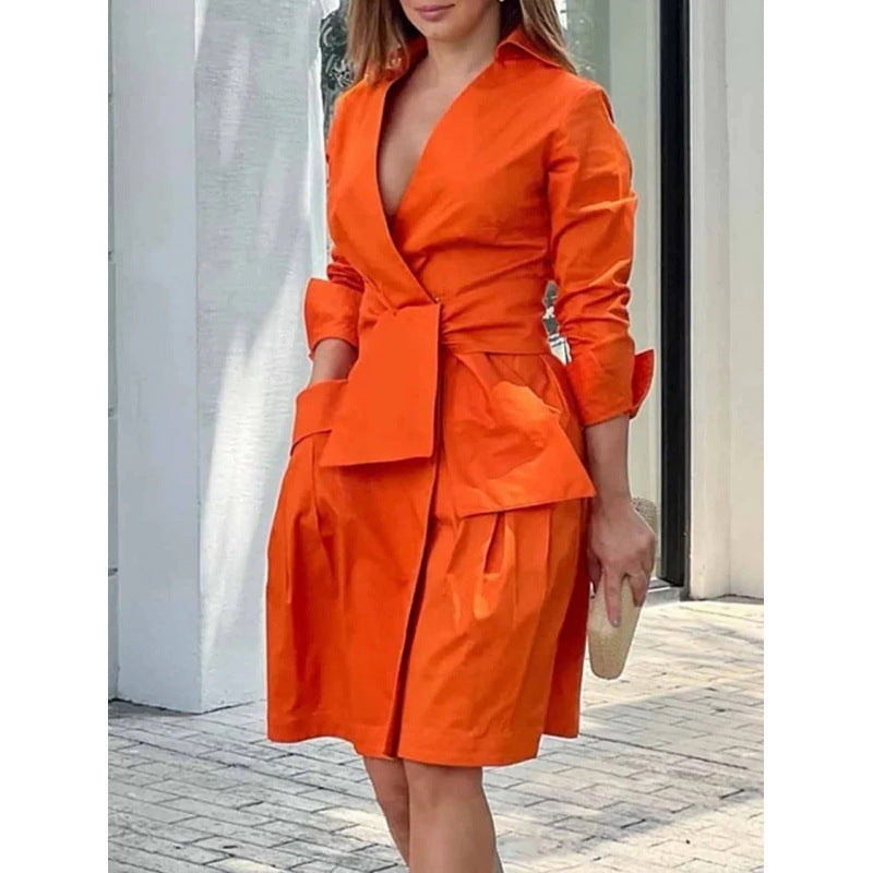 Commuter V-neck Lace-up Pocket Business Suit And Dress