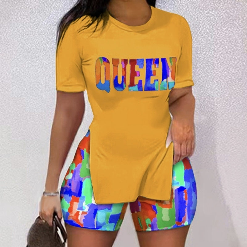 Ladies' Round Neck Printed Slit Fashion Shorts Set
