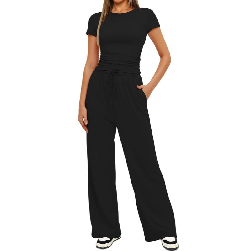 Fashion Casual Set Pleated Short Sleeves Top And Trousers