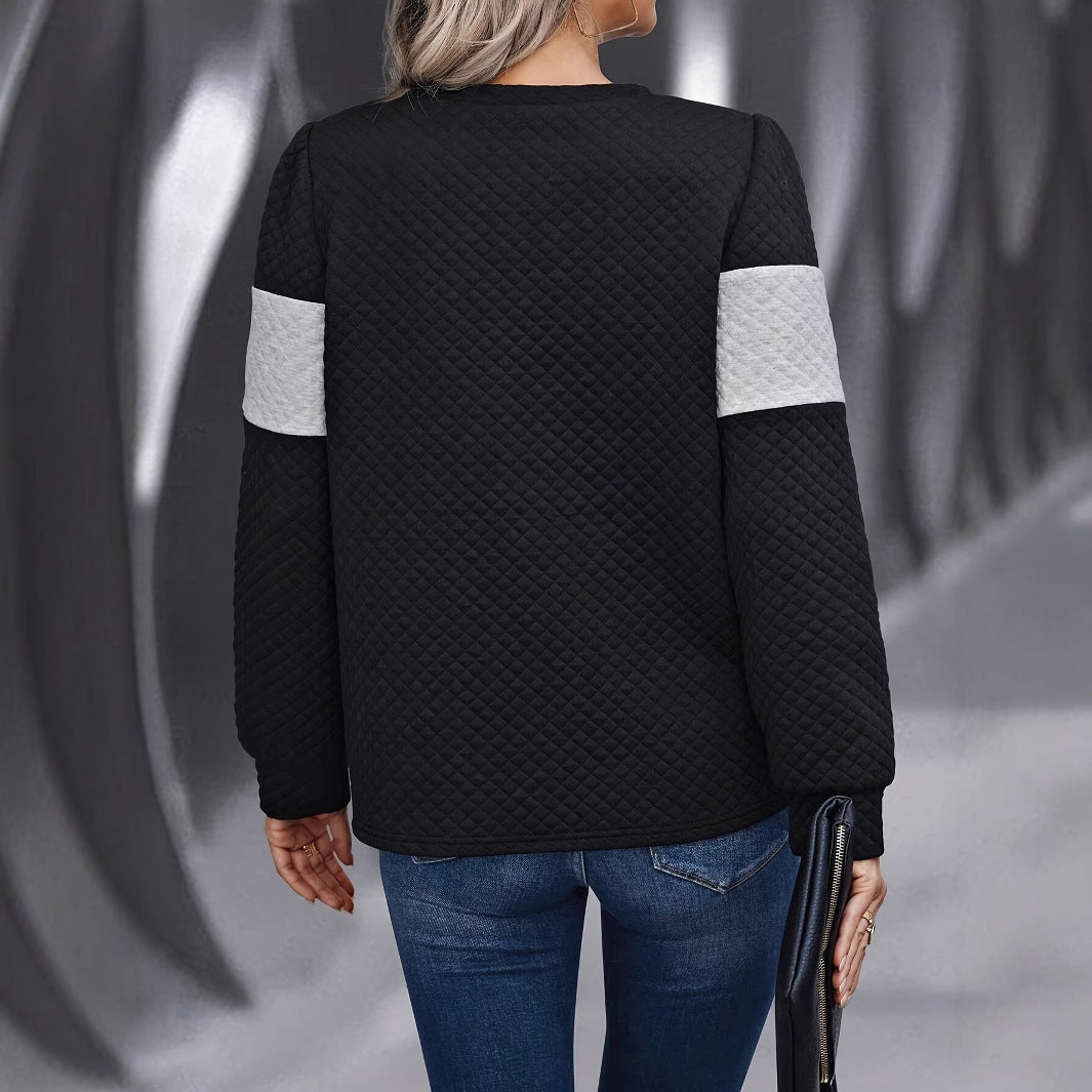 Women's Spring And Autumn Leisure Loose Color Contrast Round Neck Long Sleeve Texture Hoodie