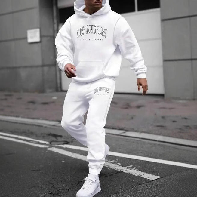 Autumn And Winter Fleece-lined Letter Print Same Color Sweatshirt And Sweatpants Suit Men
