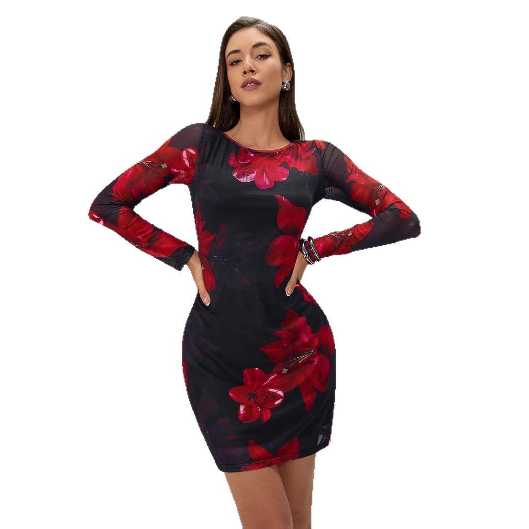 Floral Print Round Collar Gauze Slim Fit Long Sleeve Dress