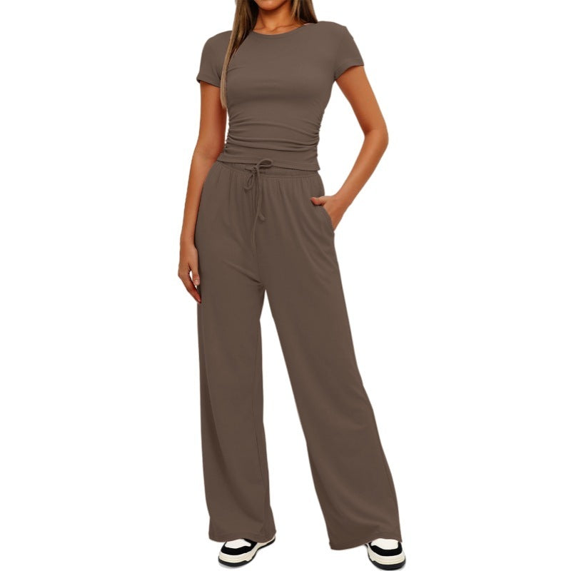 Fashion Casual Set Pleated Short Sleeves Top And Trousers