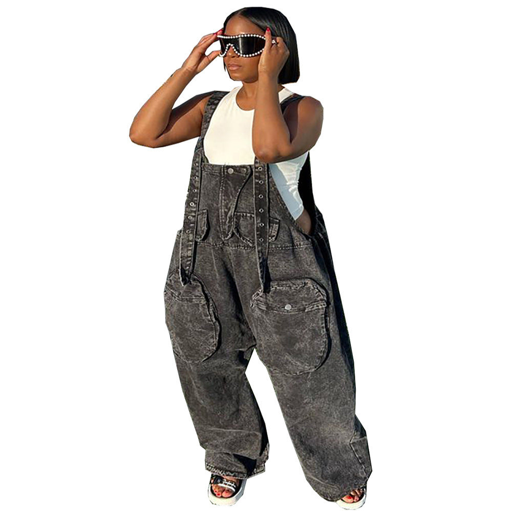 Women's Fashion Personality Street Large Pocket Wide Leg Pants