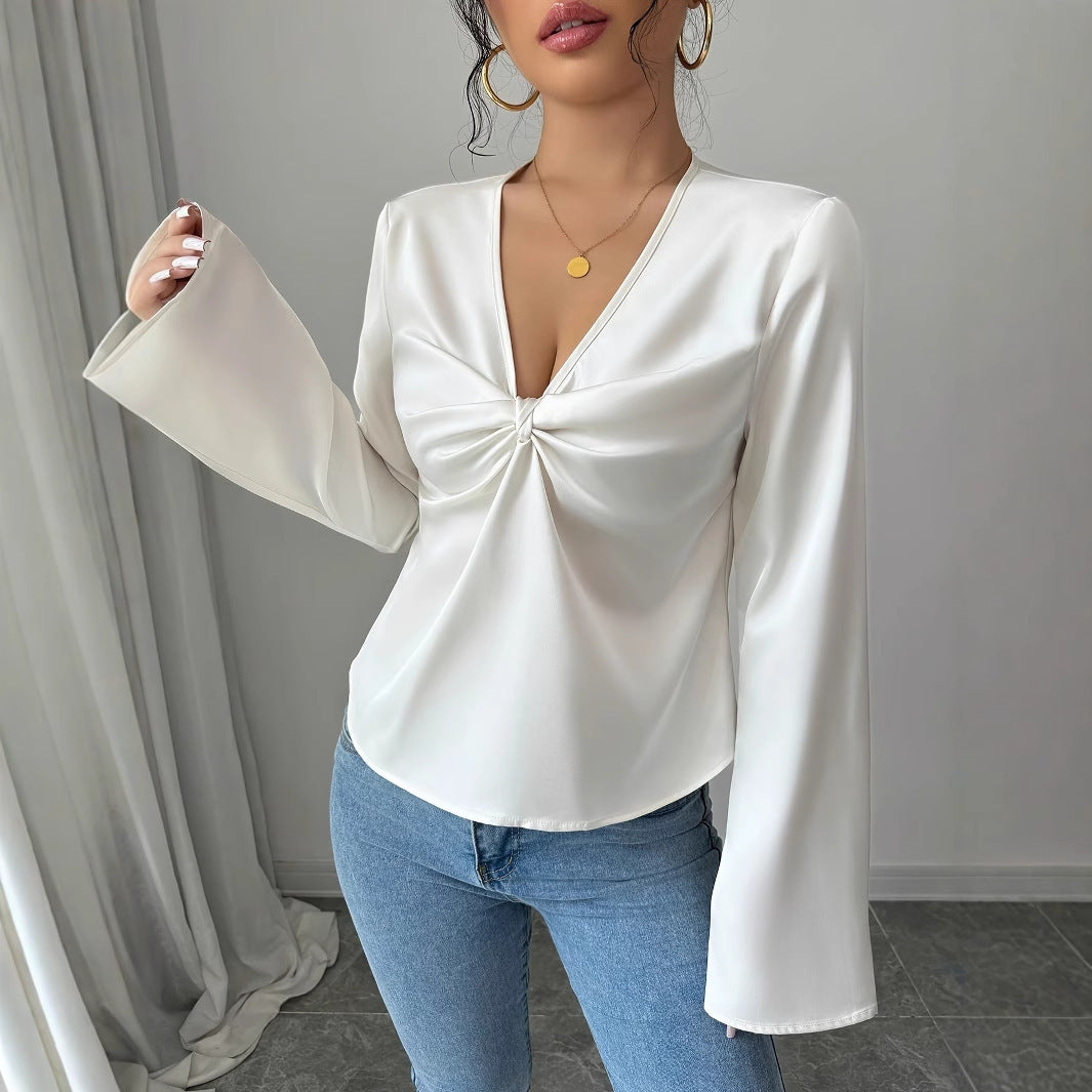 Women's Elegant Solid Color V-neck Ruffled Front Flared Sleeve Shirt