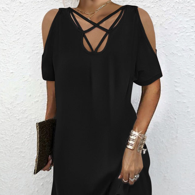 Women's Solid Color Simple Dress, Loose Short Sleeved Skirt With Hip Wrap, Casual Versatile Dress