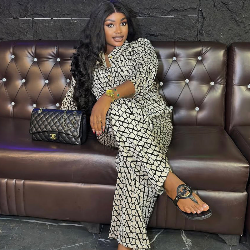 American Style Printed Long-sleeved Shirt Wide-leg Trousers Two-piece Set