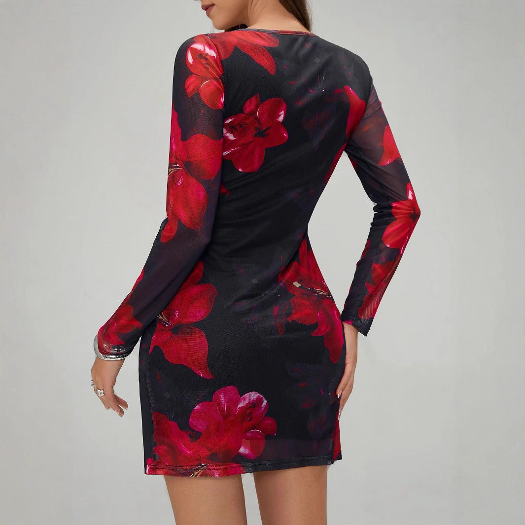 Floral Print Round Collar Gauze Slim Fit Long Sleeve Dress