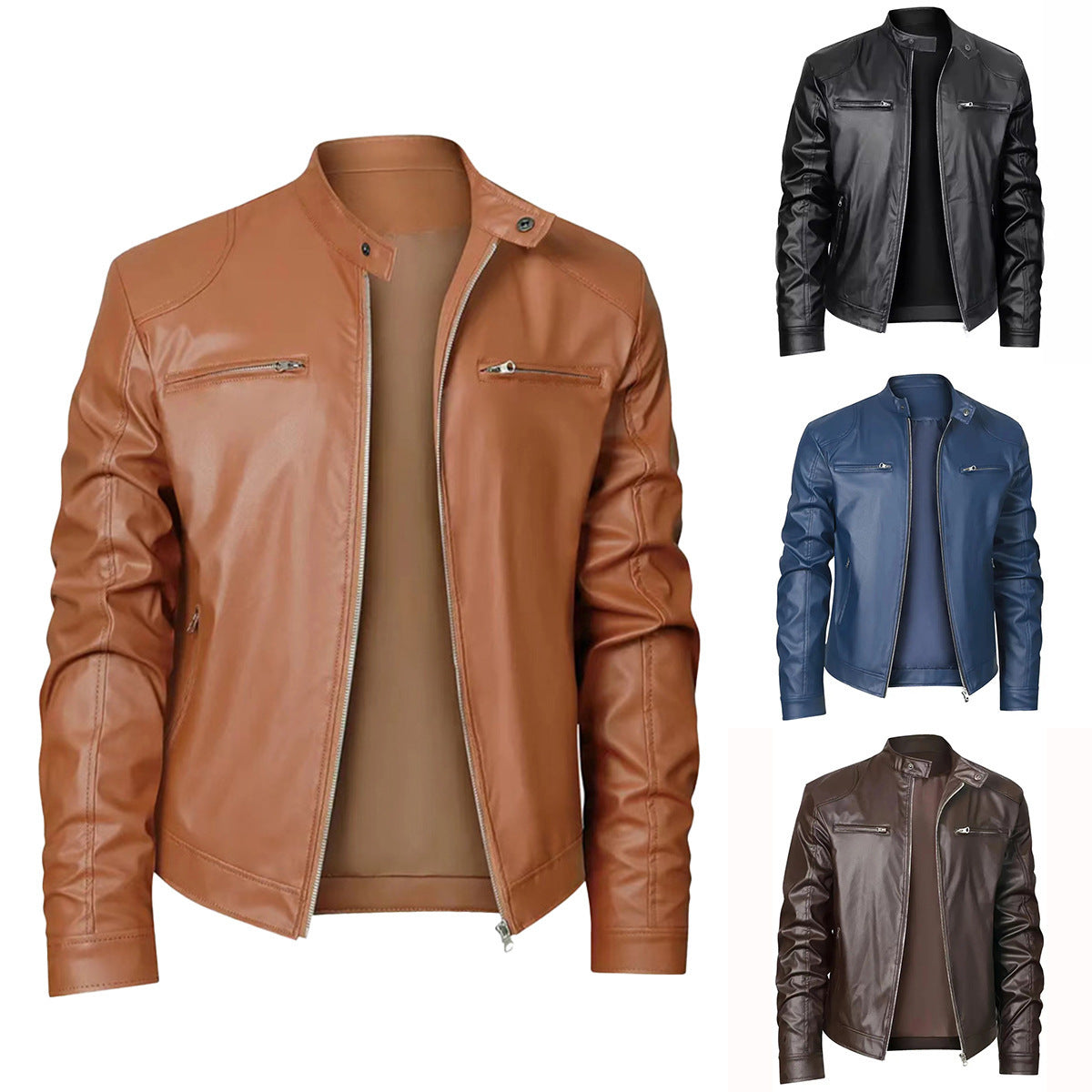 Men's Stand-up Collar Slim Fit Leather Jacket Zipper Pocket Decoration
