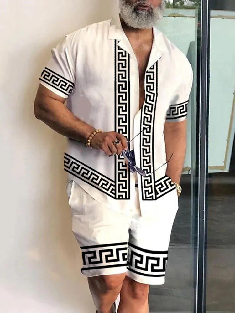 Men's New Polo Collar 3D Printed Casual Slim Fit Shirt Shorts Suit