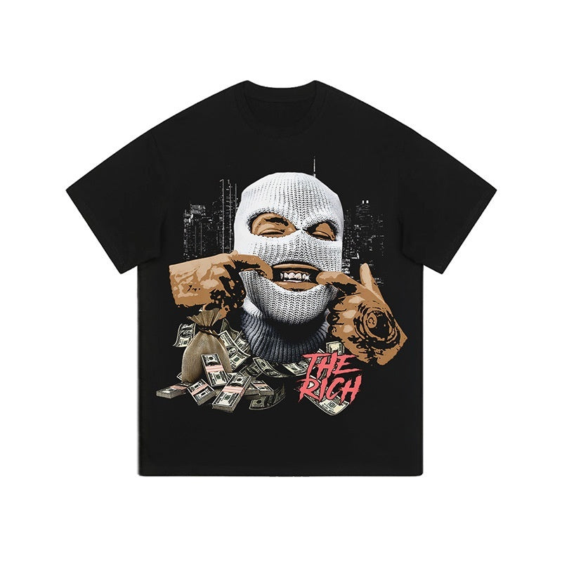 American Retro Spoof Oil Painting Digital Printing Distressed Washed Short-sleeved T-shirt For Men