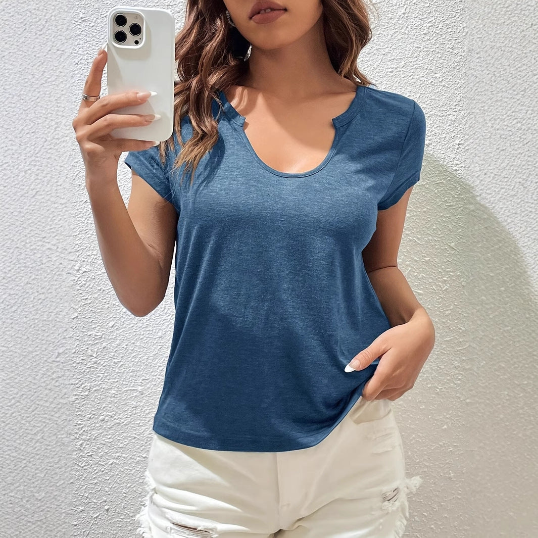 Women's Solid Color Notched V-neck Short Sleeve Top Summer Loose Knit T-shirt Top