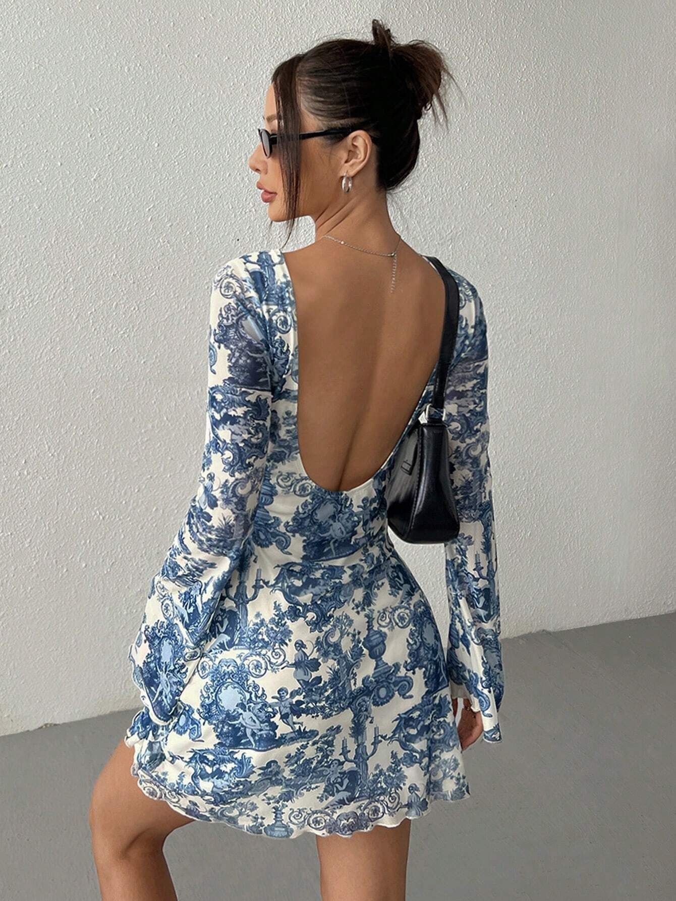 Printed Flare Sleeve Backless Mesh Dress