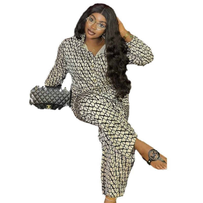 American Style Printed Long-sleeved Shirt Wide-leg Trousers Two-piece Set