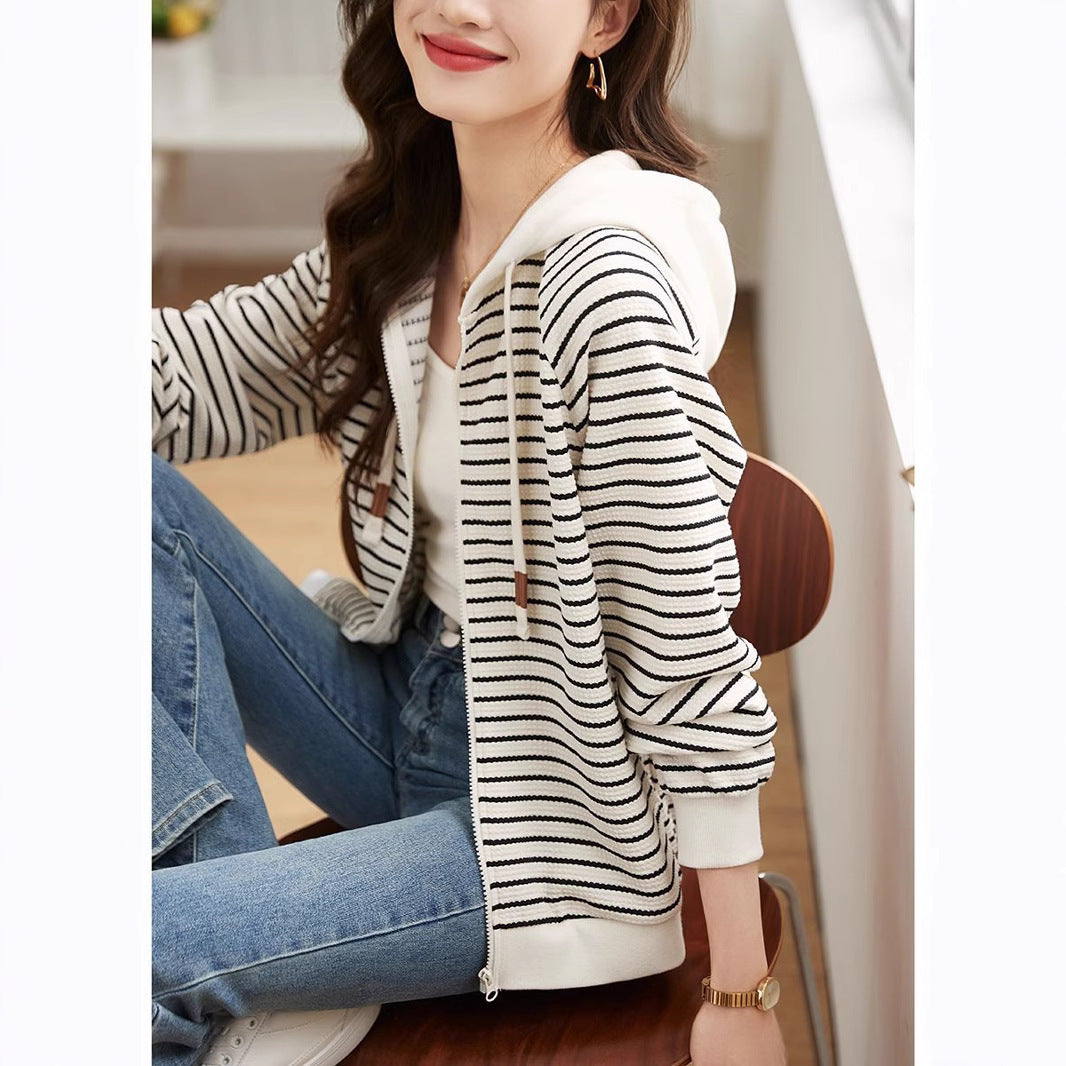 Simple Striped Commuter Hoodie Coat