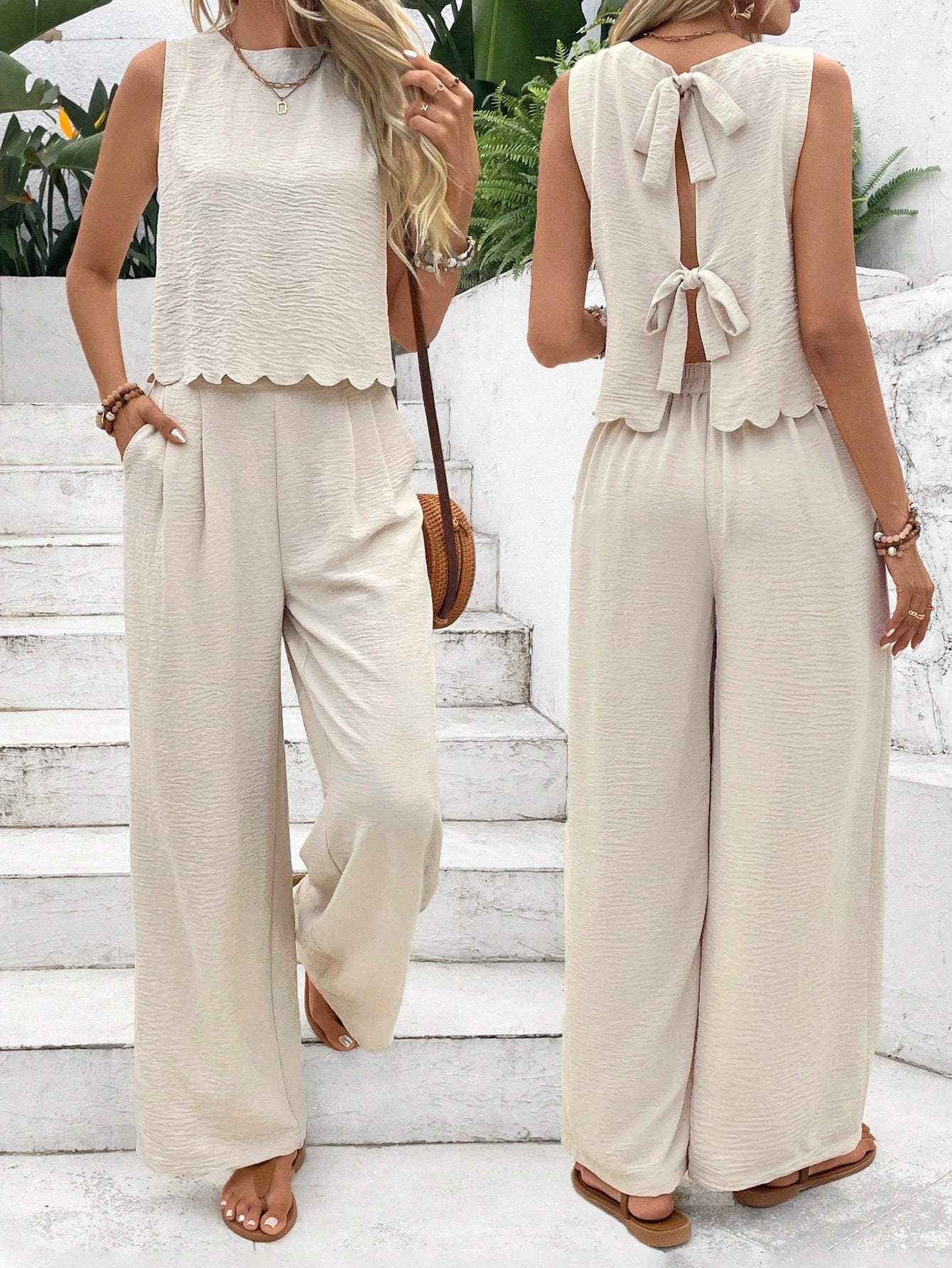 Women's Summer Muscle Simple Everyday Old Money Style Linen Tie Two Piece Set