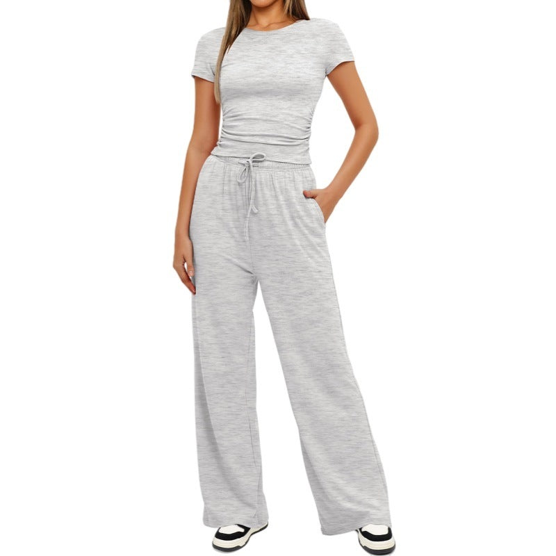Fashion Casual Set Pleated Short Sleeves Top And Trousers