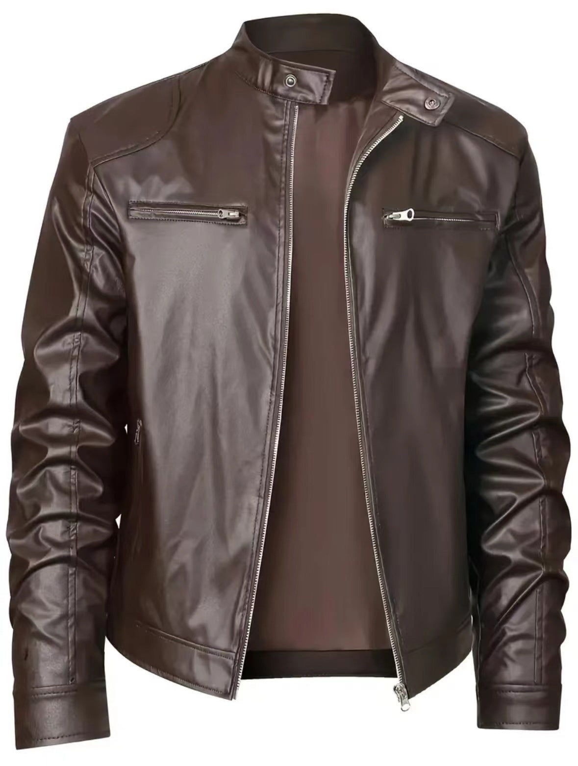 Men's Stand-up Collar Slim Fit Leather Jacket Zipper Pocket Decoration