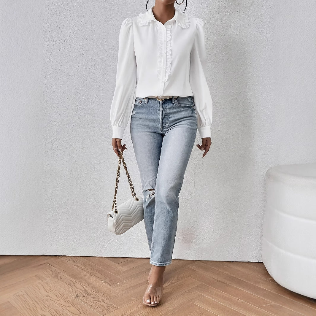 Women's Long-sleeved Temperament White Ruffled Puffed Sleeve Blouse