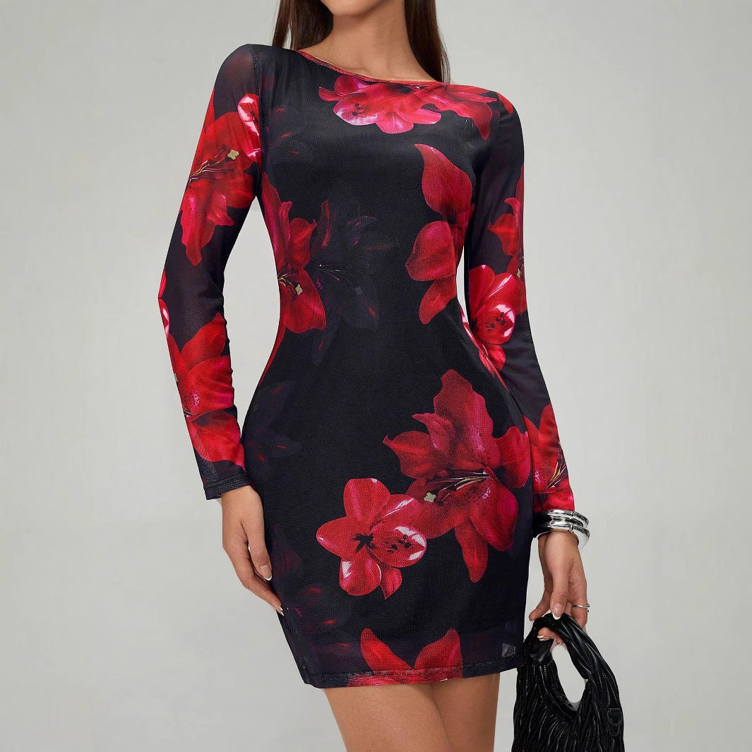 Floral Print Round Collar Gauze Slim Fit Long Sleeve Dress