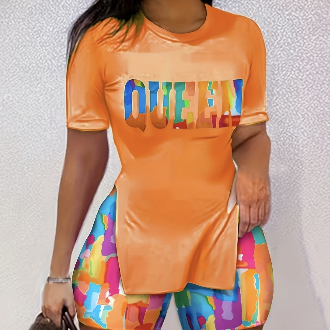 Women's Printed Round Neck Slit Fashion Top And Shorts Set
