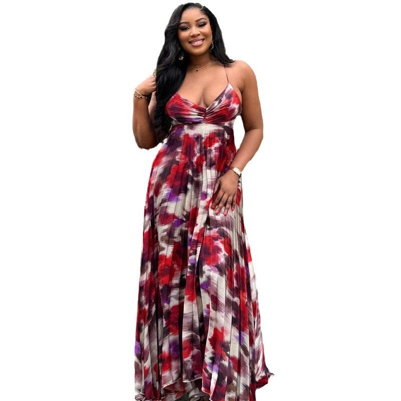 Printed Pleated Suspender Long Skirt