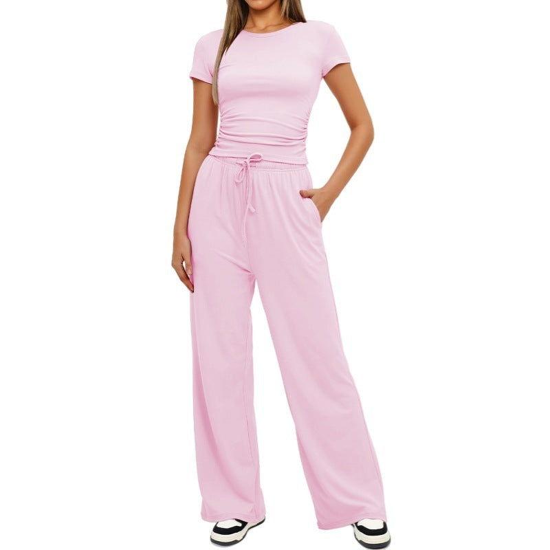 Fashion Casual Set Pleated Short Sleeves Top And Trousers