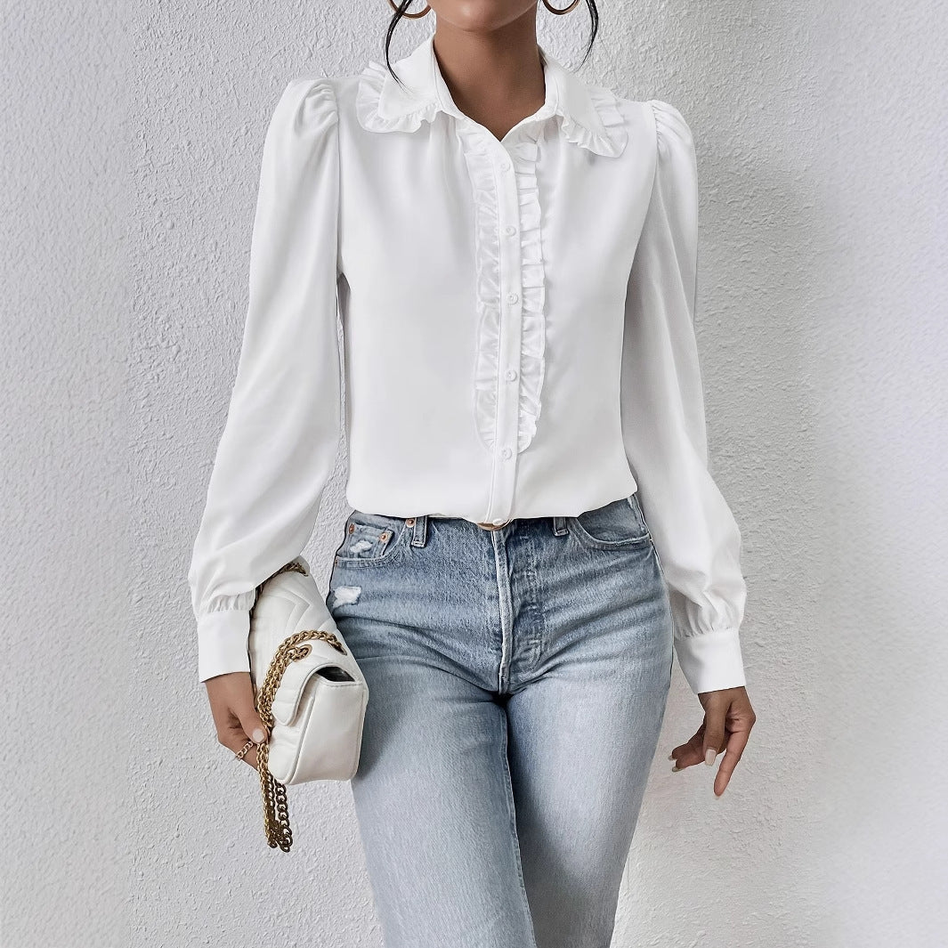 Women's Long-sleeved Temperament White Ruffled Puffed Sleeve Blouse