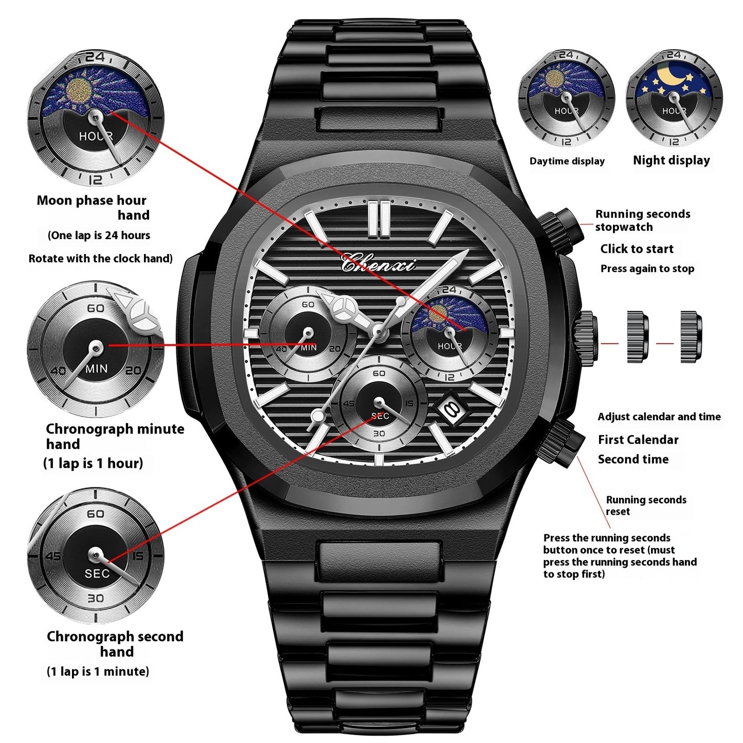 Multifunctional True Three Eyes Six-pin Men's Watch