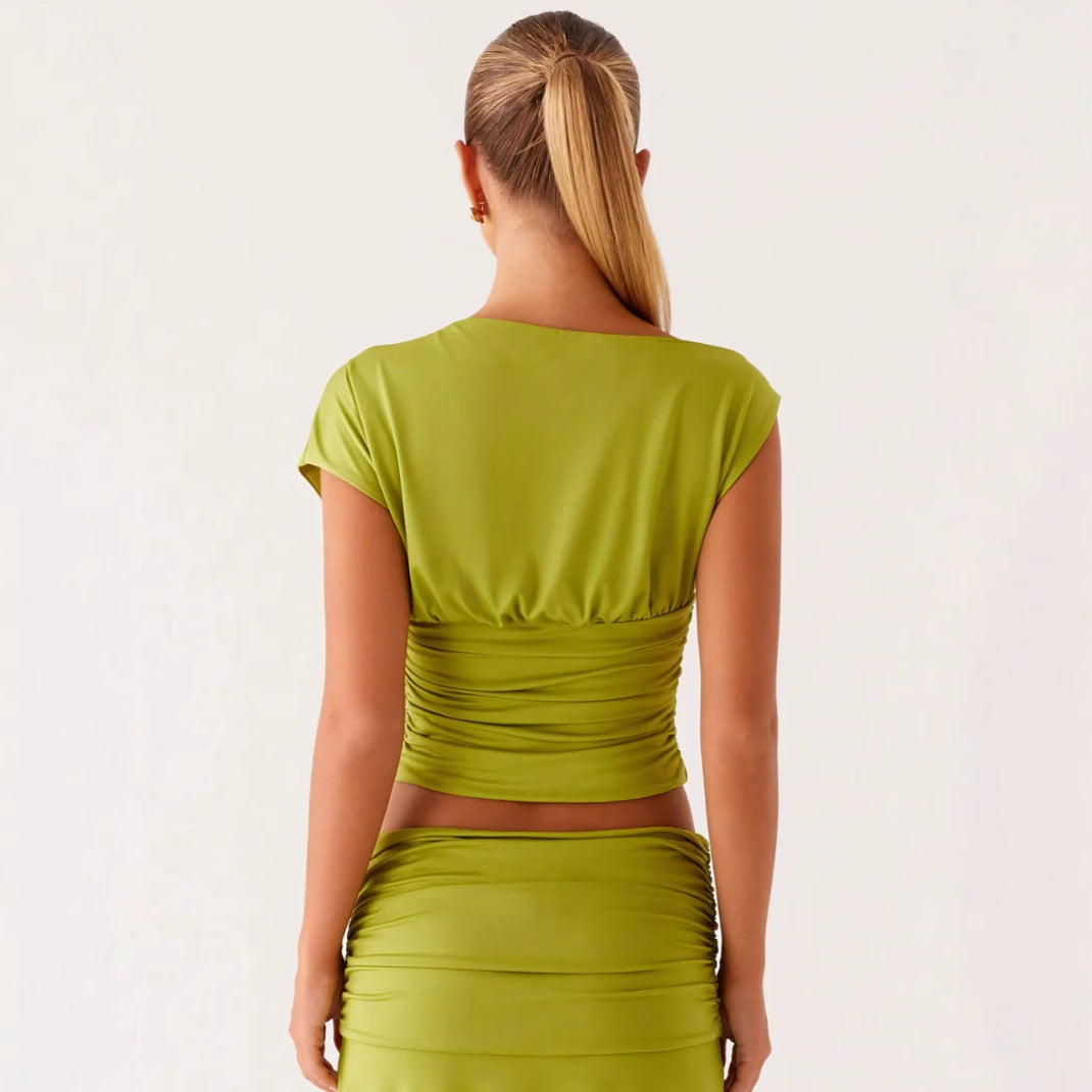Cropped Pleated Slim-fit Sheath Skirt Suit