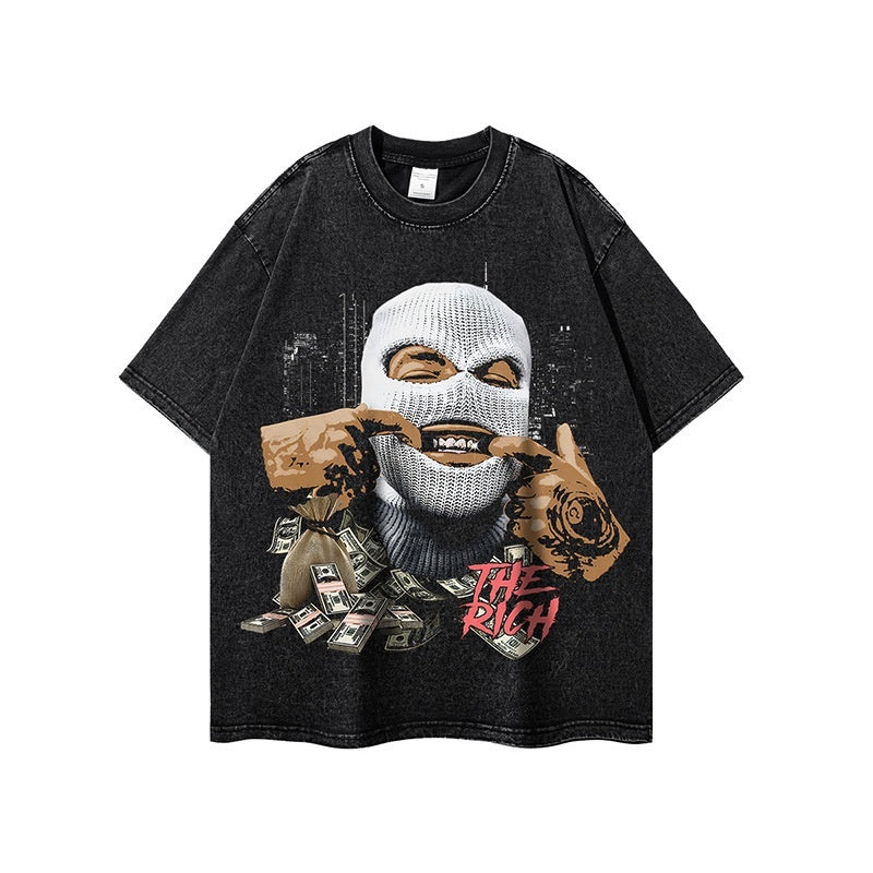 American Retro Spoof Oil Painting Digital Printing Distressed Washed Short-sleeved T-shirt For Men
