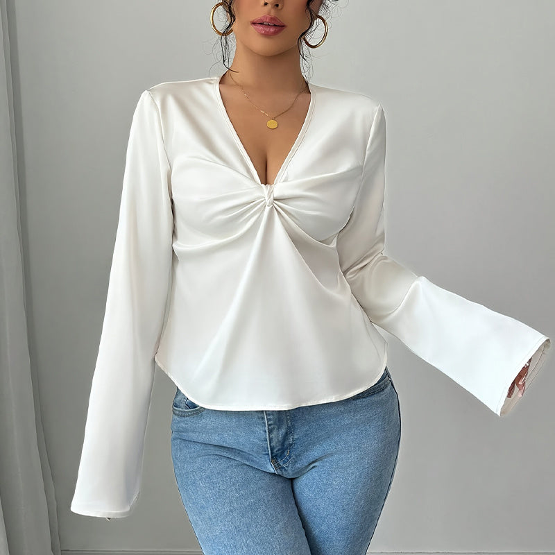 Women's Elegant Solid Color V-neck Ruffled Front Flared Sleeve Shirt