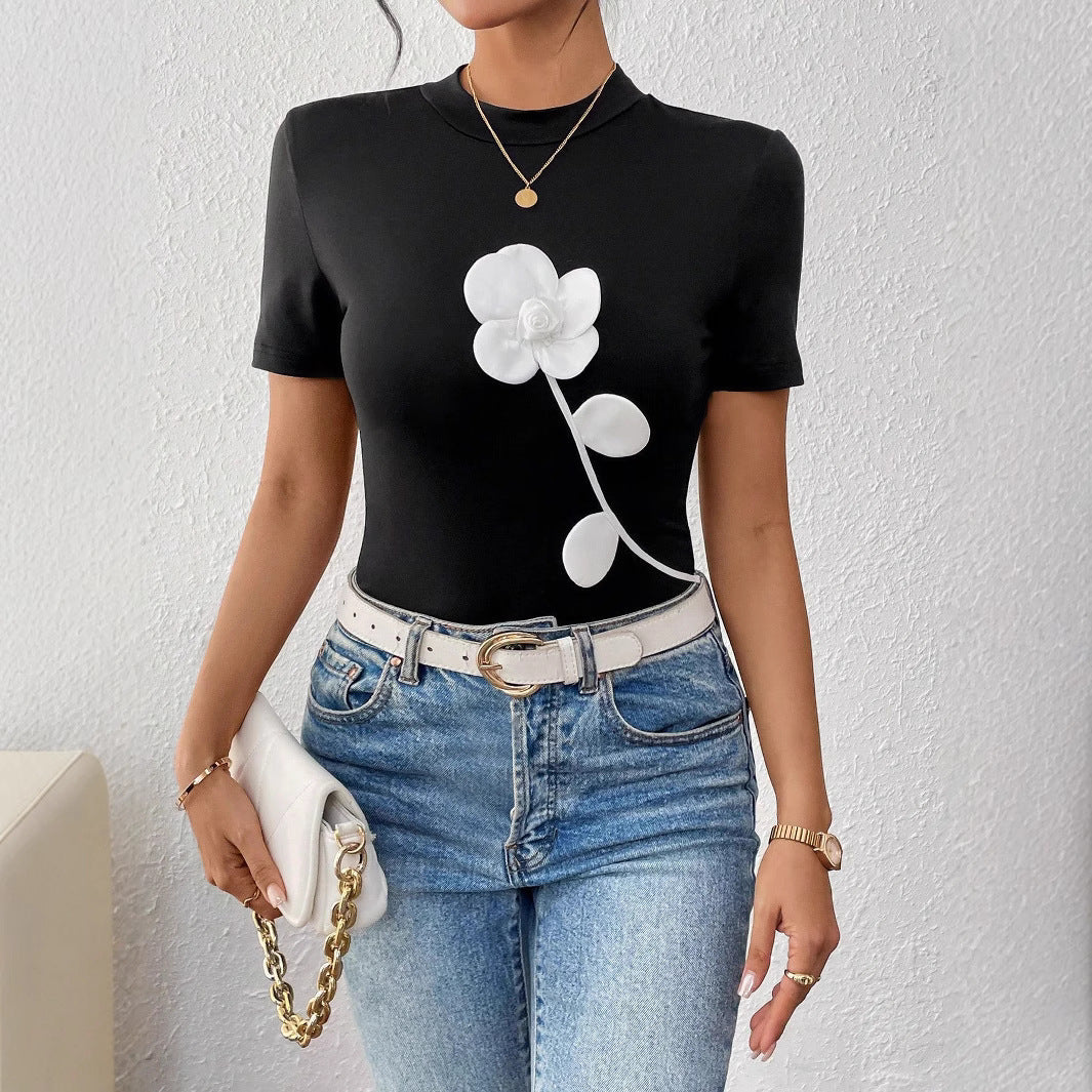 Ladies Contrast Color 3D Floral Embroidered Slim Short Sleeve