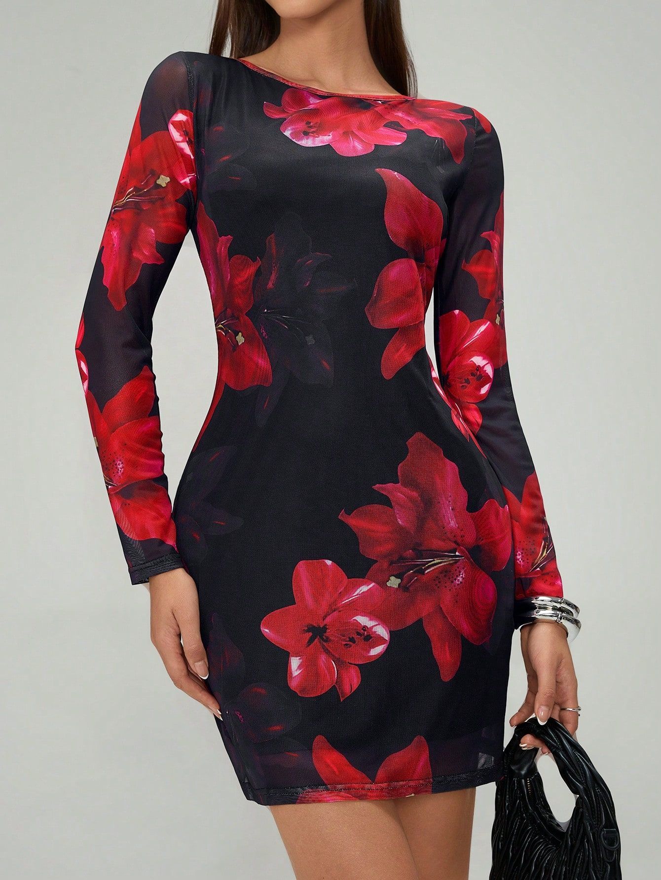 Floral Print Round Collar Gauze Slim Fit Long Sleeve Dress