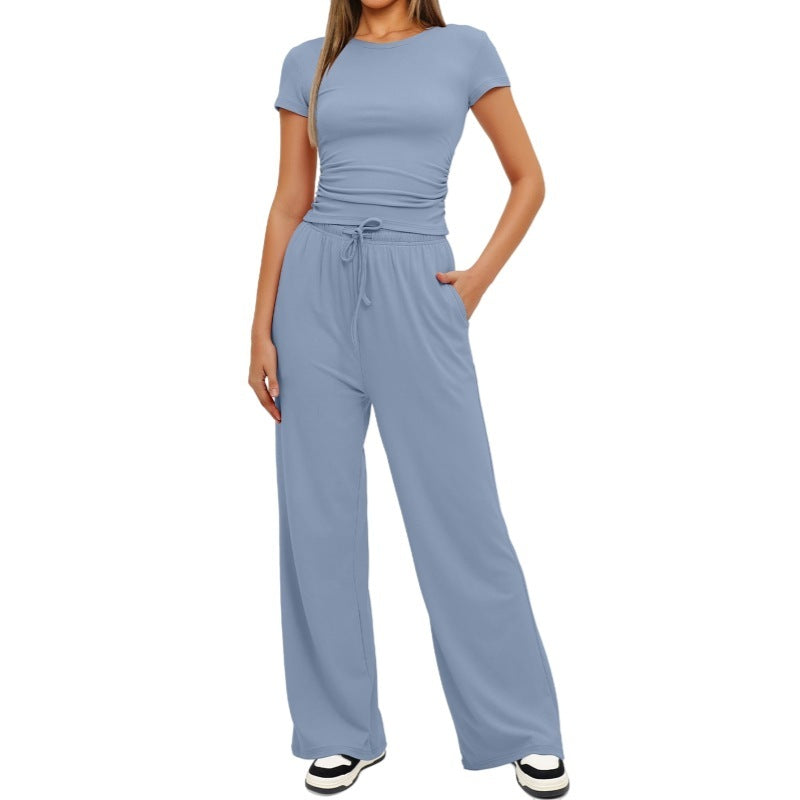 Fashion Casual Set Pleated Short Sleeves Top And Trousers