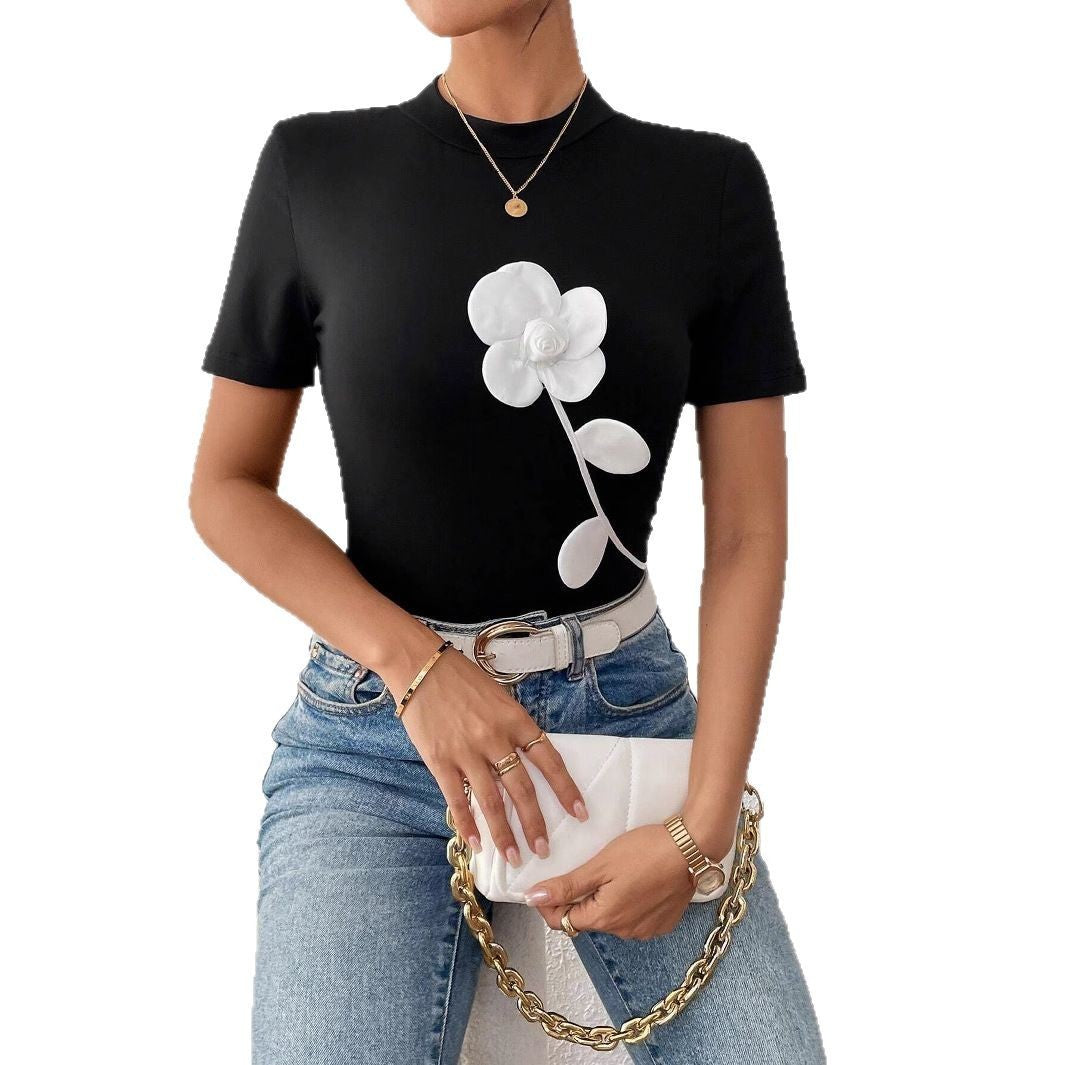 Ladies Contrast Color 3D Floral Embroidered Slim Short Sleeve