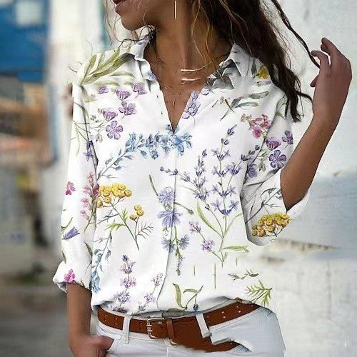 Fashion Printing Lapel Long Sleeve Shirt For Women